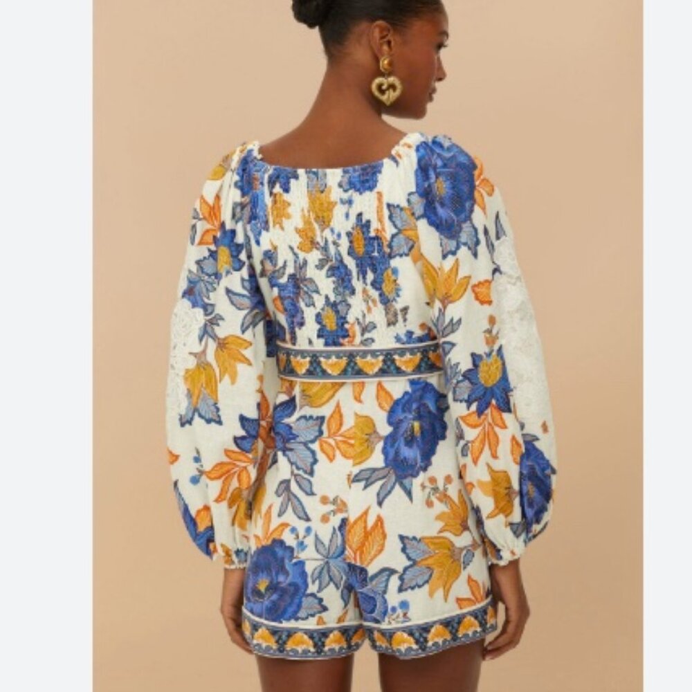 Farm Rio Yellow/Blue/White Lace Floral Romper size small NWT - Picture 2 of 15